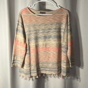 JOSEPH A Heathered Pastel Stripe Lightweight Tassel Fringe Sweater Size Medium